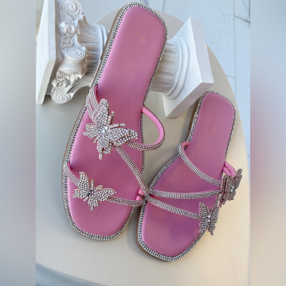 Pink sandals with butterflies and rhinestones